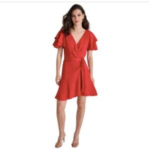 DKNY Womens Flutter-Sleeve Faux-Wr Scarlet 12